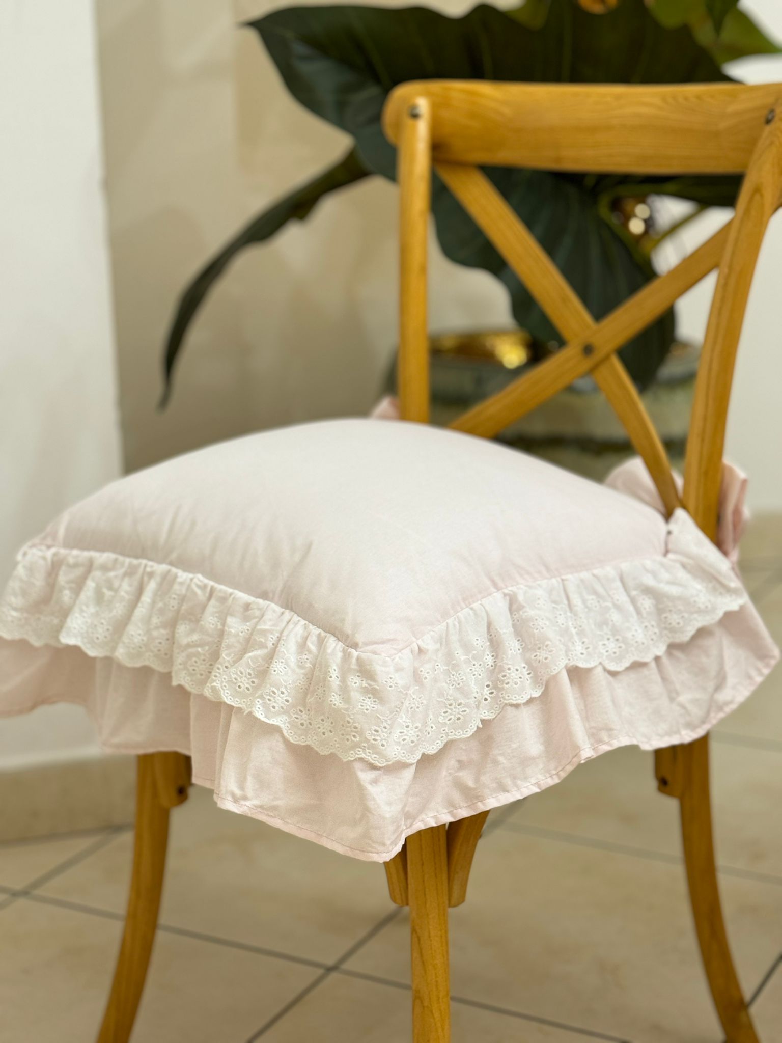 Cuscino da sedia sartoriale in cotone con pizzo sangallo - ROSA - 45x45 cm - FiorentinoHome